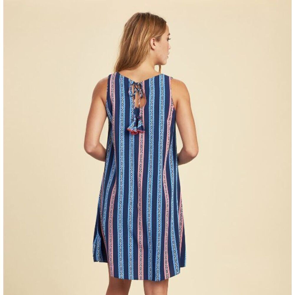 Hatley Meghan Dress Navy Blue Pink Herringbone Stripes Back Tassel Size Small